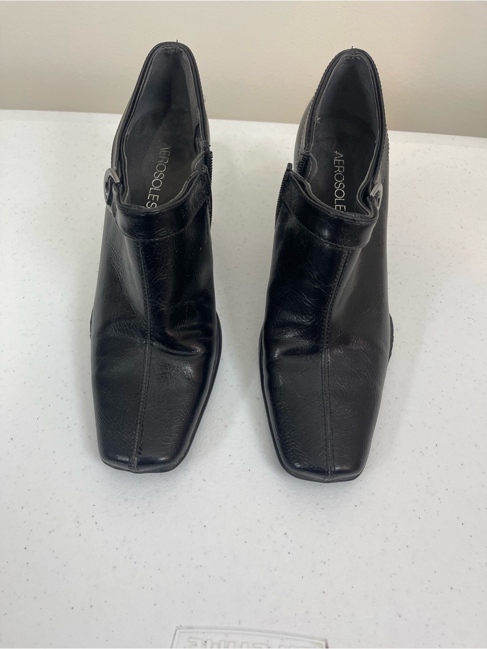AEROSOLES Black Leather Square-Toe Ankle Booties with Buckle
